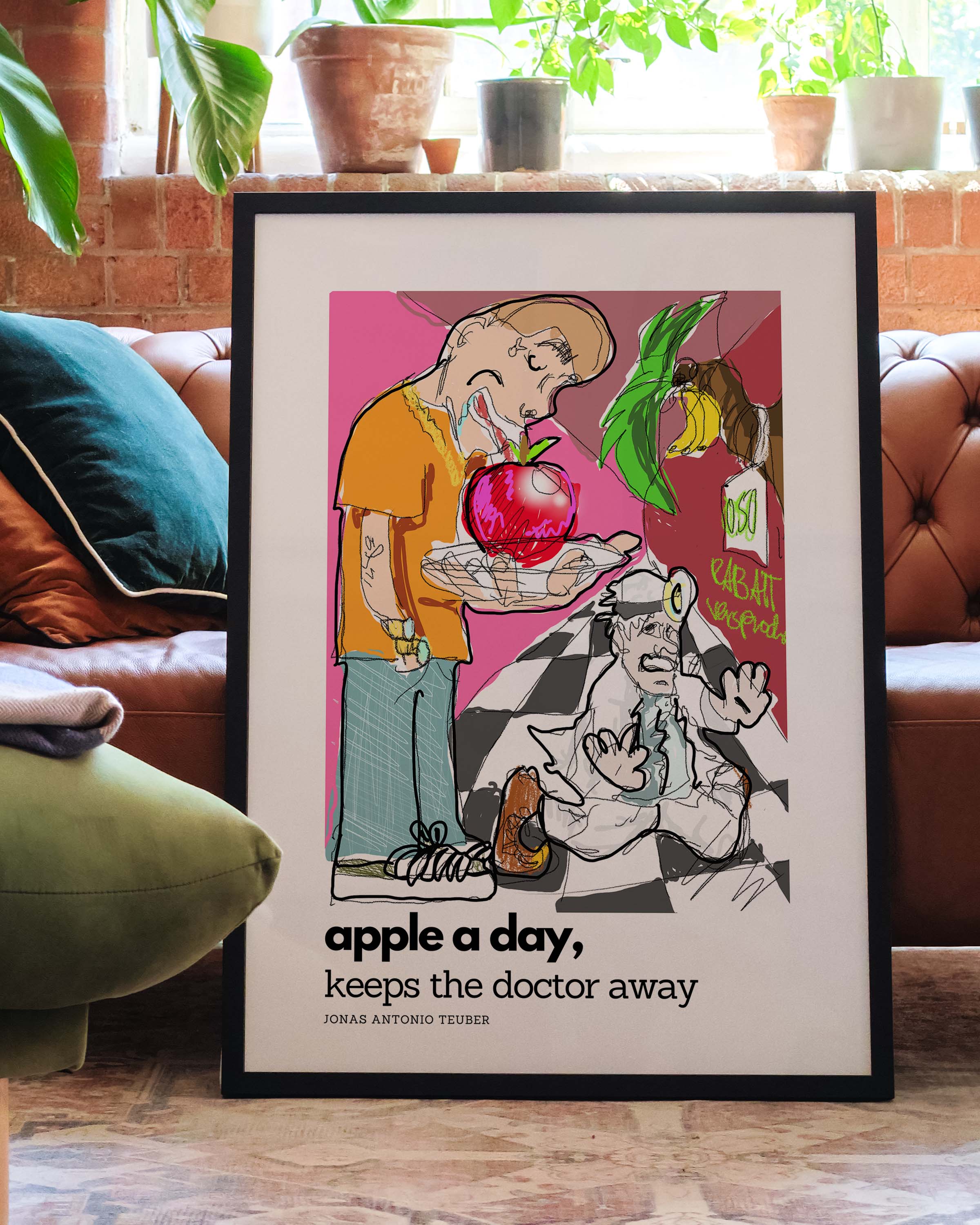 Apple a Day Poster – Print Material Wandbild, moderne Kunst & Fine Art Print von Spawnd, handgefertigt & Made in Germany
