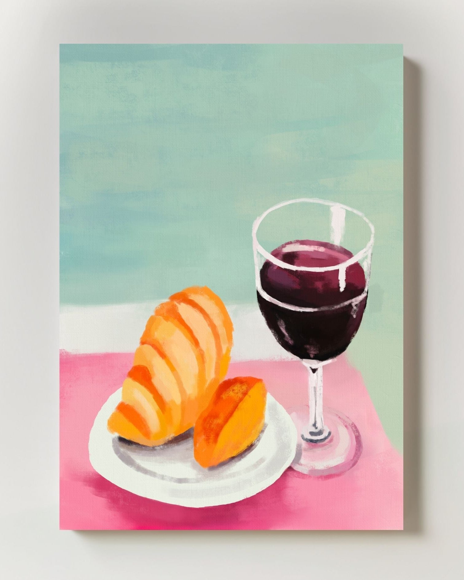 Croissant and Wine Poster – Print Material Wandbild, moderne Kunst & Fine Art Print von Spawnd, handgefertigt & Made in Germany