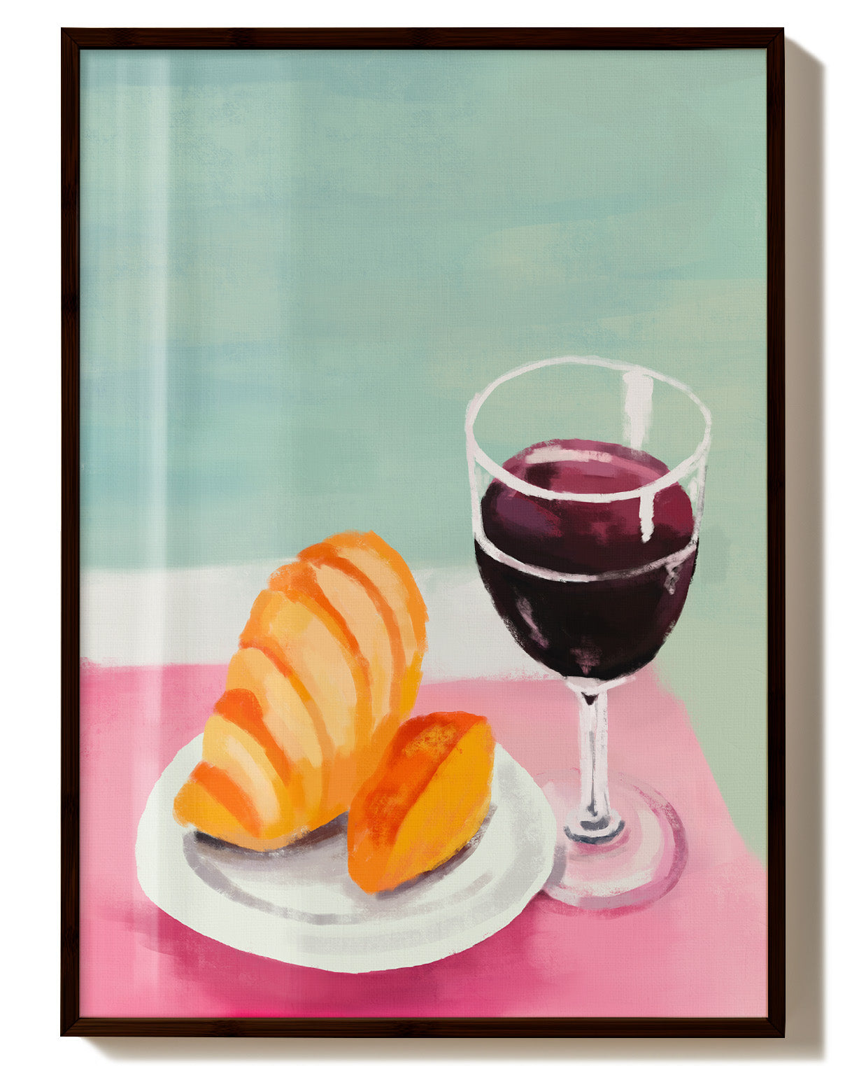 Croissant and Wine Poster – Print Material Wandbild, moderne Kunst & Fine Art Print von Spawnd, handgefertigt & Made in Germany