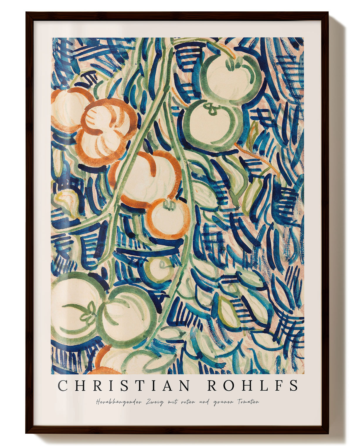 Herabhängender Zweig mit roten und grünen Tomaten Poster – FineArt Wandbild, moderne Kunst & Fine Art Print von Spawnd, handgefertigt & Made in Germany