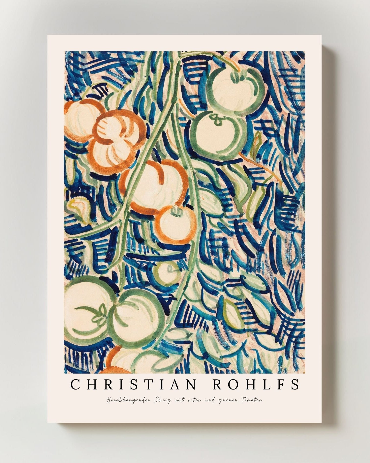 Herabhängender Zweig mit roten und grünen Tomaten Poster – FineArt Wandbild, moderne Kunst & Fine Art Print von Spawnd, handgefertigt & Made in Germany